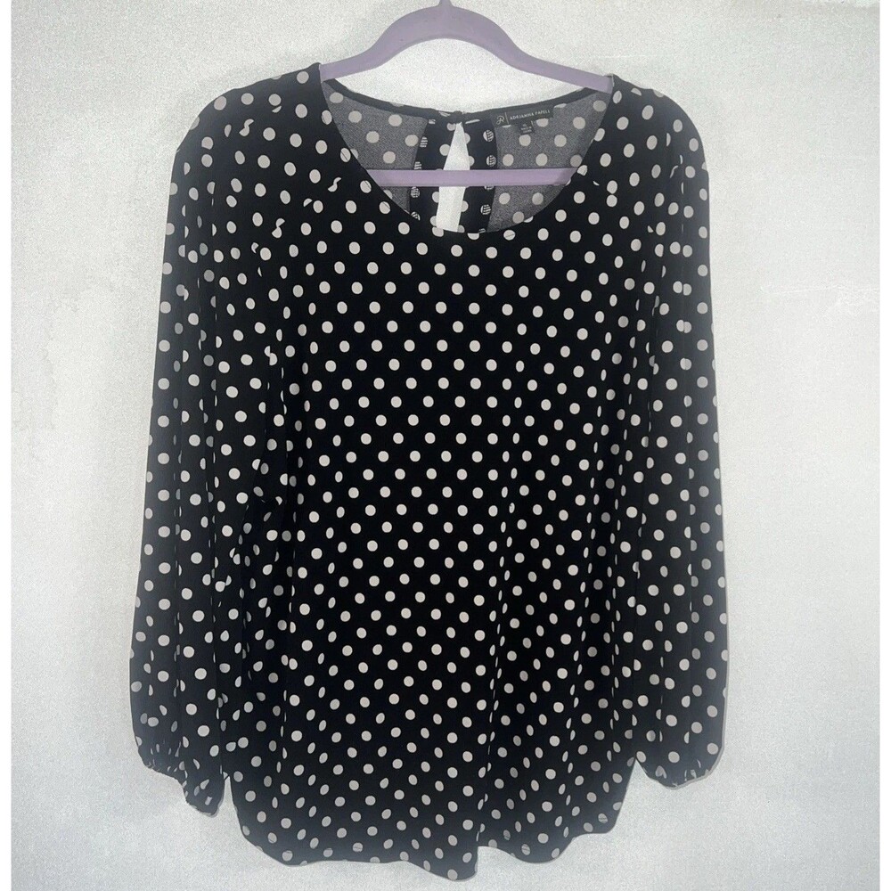 ADRIANNA PAPELL Womens Sz XL Black White Polka Dot Blouse Long Sleeve Scoop Neck